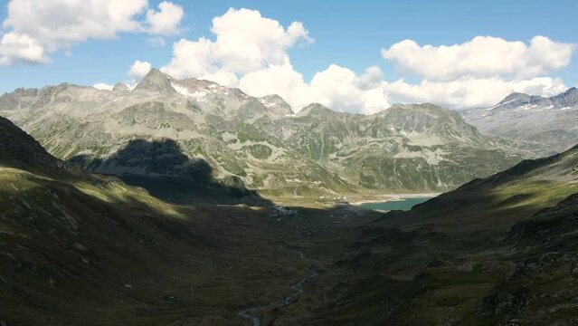 Aerial zoom out from Montespluga and Val Loga Pizzo Suretta - Italian Alps