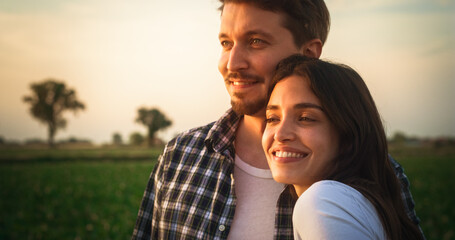Close Up Portrait of a Beautiful Young Couple Standing Outdoors and Looking at the Beauty of Nature. Dear Life-Long Friends Enjoy Being in a Relationship. Rural Sunset Landscape in the Background