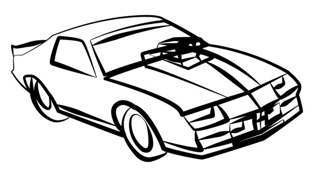recommend clip art: Outline of isometric muscle car for drag racing with large racing carburetor on the hood isolated on white. Clipart.