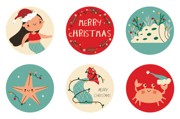 Cute Christmas Sea Party Vector Stickers. Shape Party Tags with Mermaid, Starfish, Crab, Shell on a Beige, Blue and Red Background. Hand Drawn Cartoon Style Winter Holidays Cake Toppers
