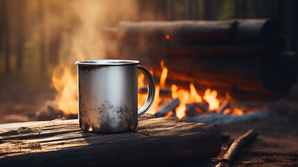 Fototapeta premium Empty White Metal Mug on Table by Campfire