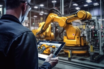 Engineer worker on a tablet controls the robot process. Equipment factory.