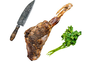 BBQ Roasted lamb mutton leg with herbs and spices on a grill. Transparent background. Isolated.