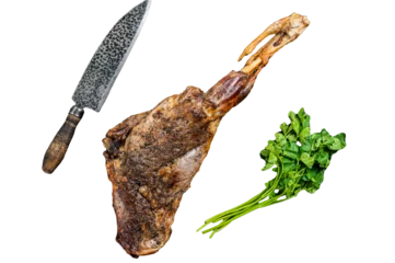 Fotobehang BBQ Roasted lamb mutton leg with herbs and spices on a grill. Transparent background. Isolated. © Vladimir