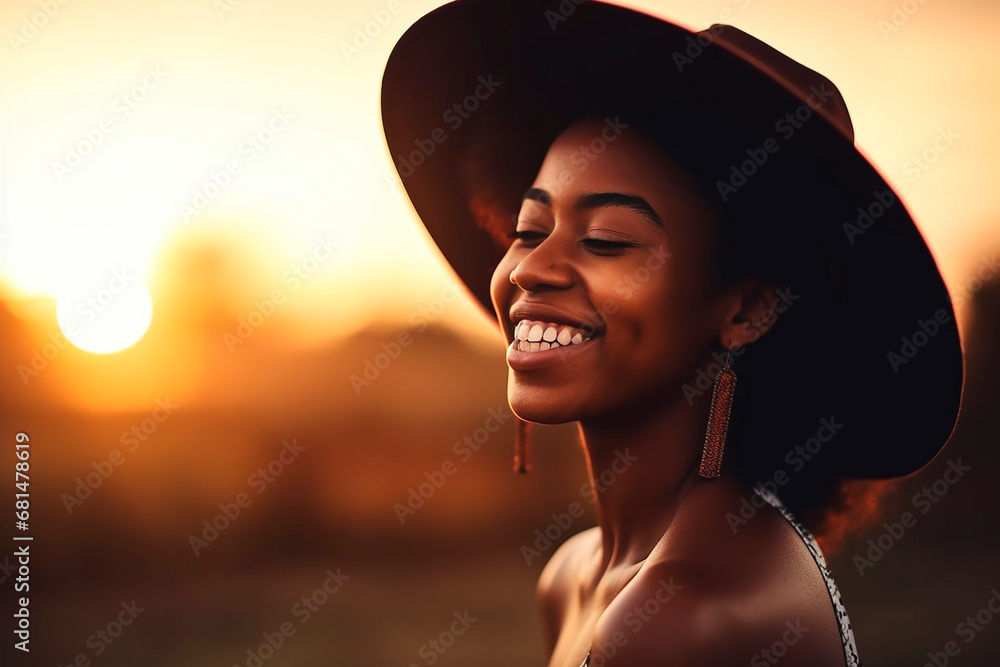 Wall mural happy, laughing, beautiful finnish woman standing against the backdrop of an sunset, modern, light