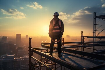 Engineer stands on the building roof under construction and looking at horizon