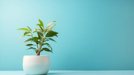 Home potted plant isolated over blue background. Pot with home plant with copy space