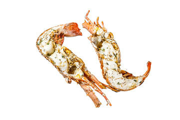 Delicious grilled and sliced Spiny lobster or sea crayfish.  Transparent background. Isolated.