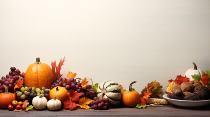 A wooden table is isolated on a white background and is filled with pumpkins, autumn fruits, vegetables,
