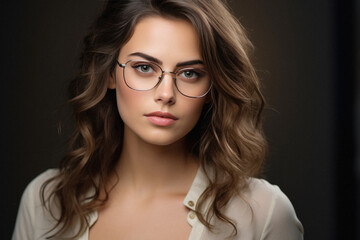 Portrait of beautiful young woman in eyeglasses on dark background.