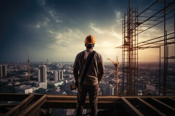 Engineer stands on the building roof under construction and looking at horizon