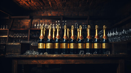Fototapeta na wymiar Group of old wine bottles in the ancient cellar. Vinery concept. Front view. Generative AI