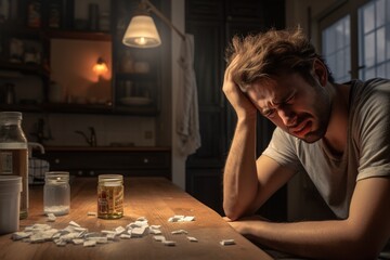 Man feeling ill taking pills, sitting at home, headache or sick - 681479438
