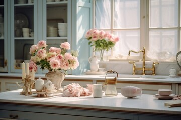 A classic kitchen with flowers in a vase