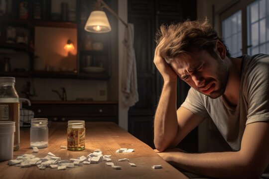 Man feeling ill taking pills, sitting at home, headache or sick