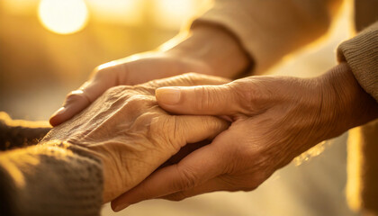 Close-up of an elderly couple holding hands at sunrise or sunset, concept of love, care and comfort. - obrazy, fototapety, plakaty