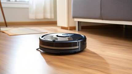 A robotic vacuum cleaner is pictured on the floor.