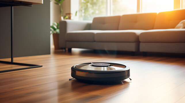A robotic vacuum cleaner is pictured on the floor.