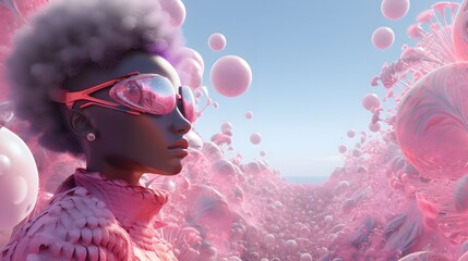 Ethereal Woman in a Dreamy Pink Bubble Landscape