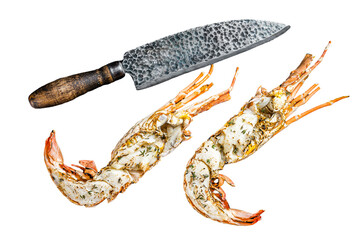 BBQ Grilled Spiny lobster sliced on a cutting board Transparent background. Isolated.