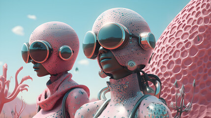 Futuristic Androids Contemplating in a Floral World