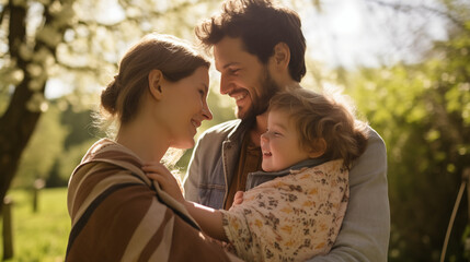 Fototapeta premium Outdoor Cuddles: A family enjoying a sunny day outdoors, with a parent holding their baby in arms, surrounded by nature