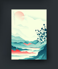 Serene Japanese landscape with cherry blossoms and mountains