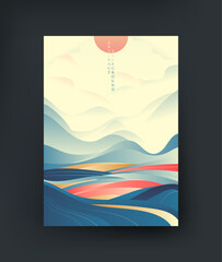 Abstract vector landscape with sunrise and mountains in blue, pink and red gradient colors