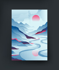 Minimalistic Japanese landscape with mountains and river