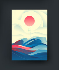 The red sun over the blue ocean: A bright and dreamy vector illustration of an abstract landscape