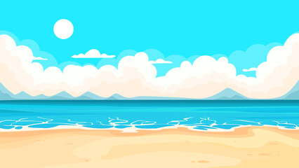 Cartoon beach scene with blue ocean, yellow sand and clouds - obrazy, fototapety, plakaty