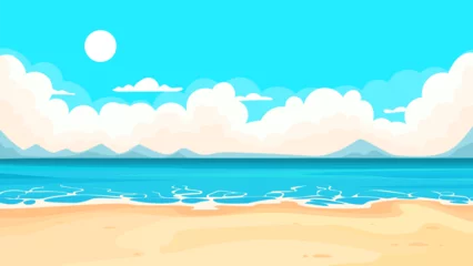 Poster Im Rahmen Cartoon beach scene with blue ocean, yellow sand and clouds © Дмитрий