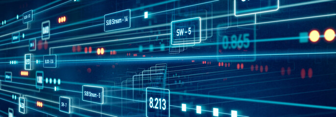 Node tree. Digital switch board with signal lights. Industry, data, blocks, switches, connections, technology. Control center concept. 3D illustration