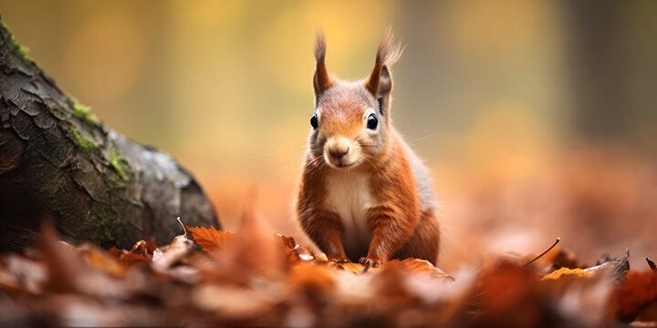 European Red Squirrel, Squirrel animal in the wild, Woodland Autumn, Squirrel Backgrounds, Forest Squirrel, generative ai 