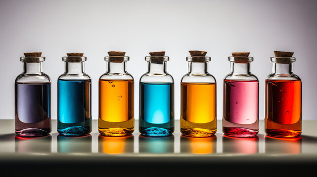 A row of bottles filled with different colored liquid