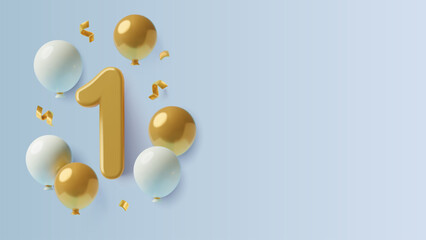 Big gold number 1 with helium balloons and confetti on light blue background. First birthday or one year anniversary 3D realistic background with copy space. Three dimensional vector illustration. - obrazy, fototapety, plakaty