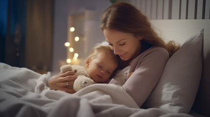 Obraz na płótnie Canvas Lullaby Time: A parent soothing their baby to sleep, creating a tranquil and comforting scene