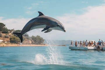 Fototapeta premium Dolphin jump in the blue sea in a picturesque place