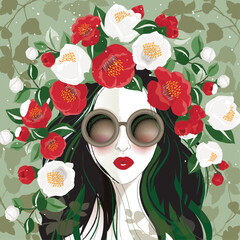 Vector illustration of a girl wearing sunglasses and decorating the hair with Camellia Branches. Design for invitation card, picture frame, poster, scrapbook