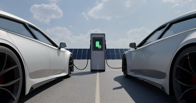 Two Sport Electric Cars Charging on background of solar panels on sunny day. Environmentally friendly EV car plugged into the charger. Realistic high quality 3d rendering of alternative energy concept