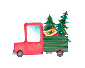 Truck with christmas trees and gifts. Hand drawn watercolor illustration isolated on white background