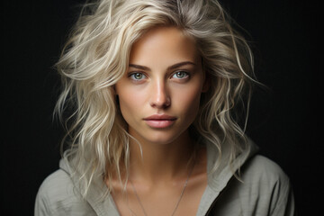 Naklejka premium Portrait of beautiful young woman with long blond hair on black background.