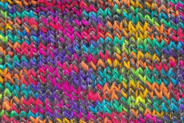 Fototapeta na wymiar Close up front side knitting. Colorful yarn. Hobby handmade concept