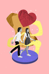 Vertical collage image of two black white effect people hold arms walking heart saint valentine symbol isolated on pink background