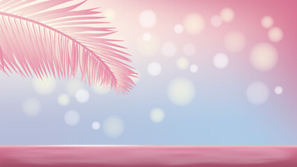 Advertising banner with palm leaf and glares with copy space in blue and pink on bright background. Vector.
