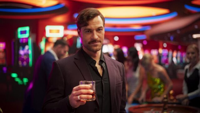 Handsome Young Man with a Moustache Standing in a Glamorous Atmosphere of a Casino, Looking at Camera, Holding a Whisky Glass. Portrait with Anonymous Gamblers Playing Roulette in the Background
