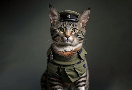 A tabby cat wearing a green military uniform and hat, set against a dark grey blurred background