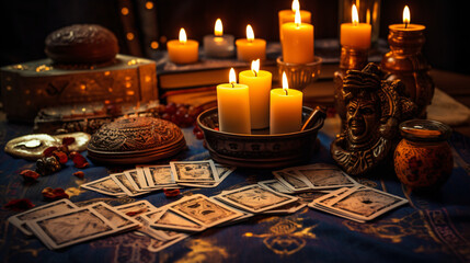 Obraz na płótnie Canvas A table adorned with candles and tarot cards