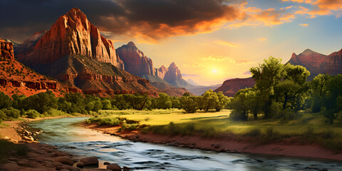 Most beautiful place in zion national park utah realistic  mountain landscape with a cloudy sky and a river in the sunset foreground.  AI Generative 