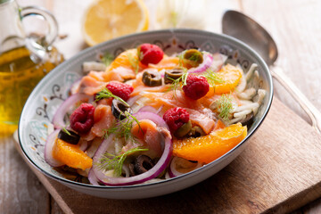 fesh salad with salmon fennel raspberry and orange